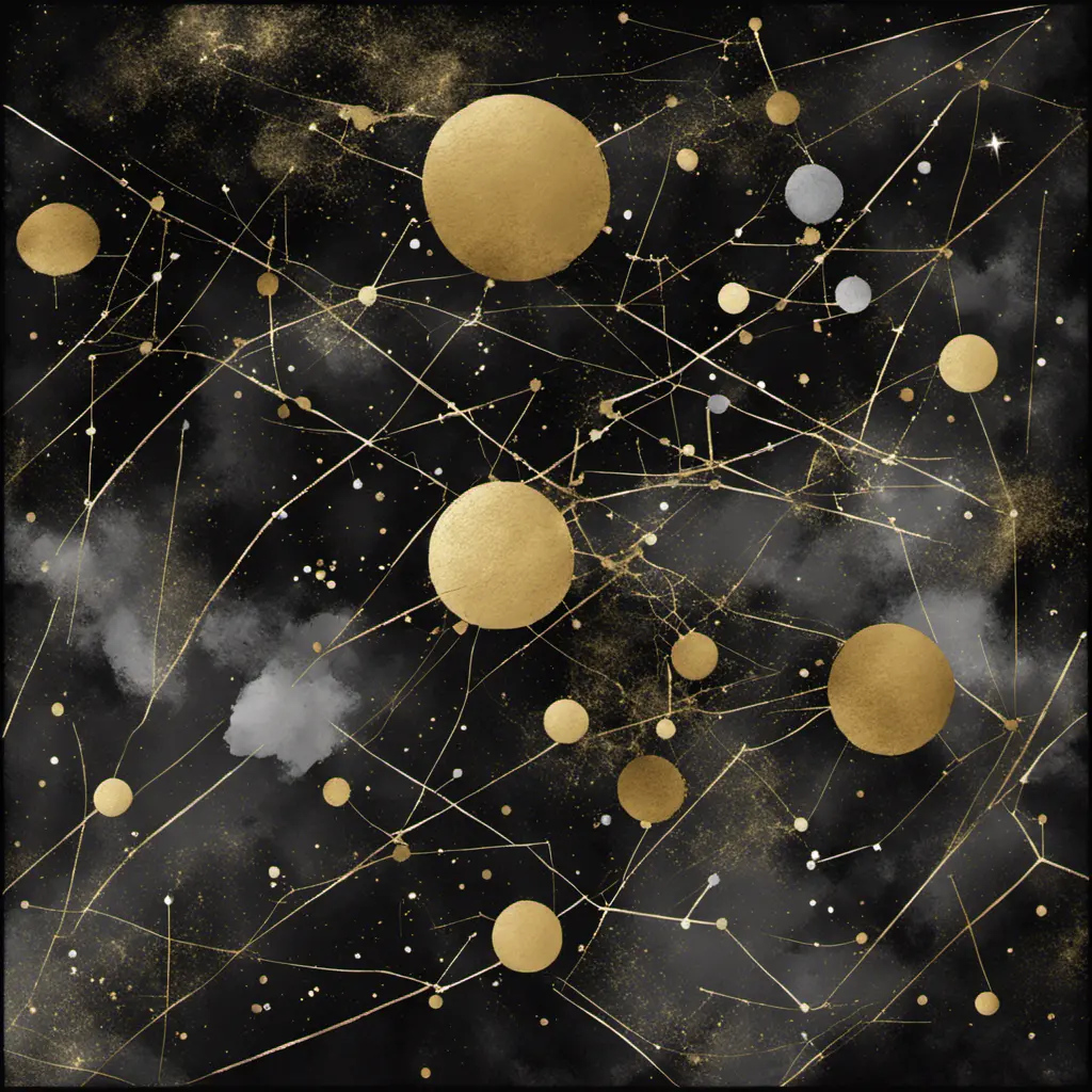 minimalist, elegant, discreet, abstract, enigmatic, sophisticated, modern, mysterious and perfect painting of constellations in black gold and silver, Digital Illustration