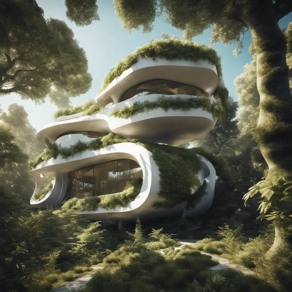 Beautiful futuristic organic house made from imaginary plants in a forest, 8k, Award-Winning, Highly Detailed, Beautiful, Epic, Octane Render, Unreal Engine, Radiant, Volumetric Lighting by Stefan Kostic