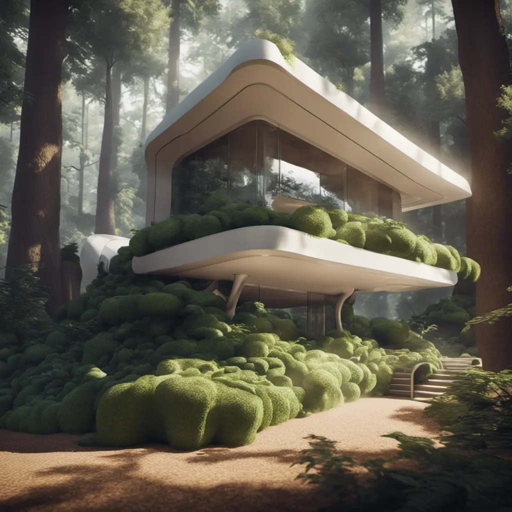 Beautiful futuristic organic house made from imaginary plants in a forest, 8k, Award-Winning, Highly Detailed, Beautiful, Epic, Octane Render, Unreal Engine, Radiant, Volumetric Lighting by Greg Rutkowski