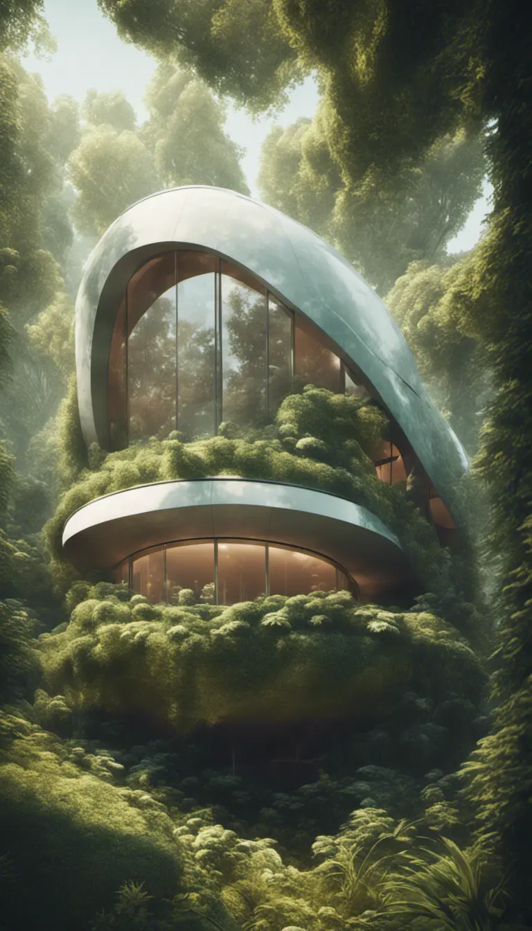 Beautiful futuristic organic house made from imaginary plants in a forest, 8k, Award-Winning, Highly Detailed, Beautiful, Epic, Octane Render, Unreal Engine, Radiant, Volumetric Lighting by Beeple