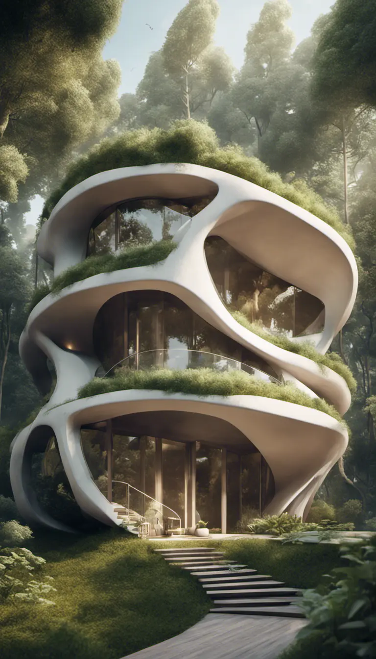 Beautiful futuristic organic house made from imaginary plants in a forest, 8k, Award-Winning, Highly Detailed, Beautiful, Epic, Octane Render, Unreal Engine, Radiant, Volumetric Lighting by Stefan Kostic