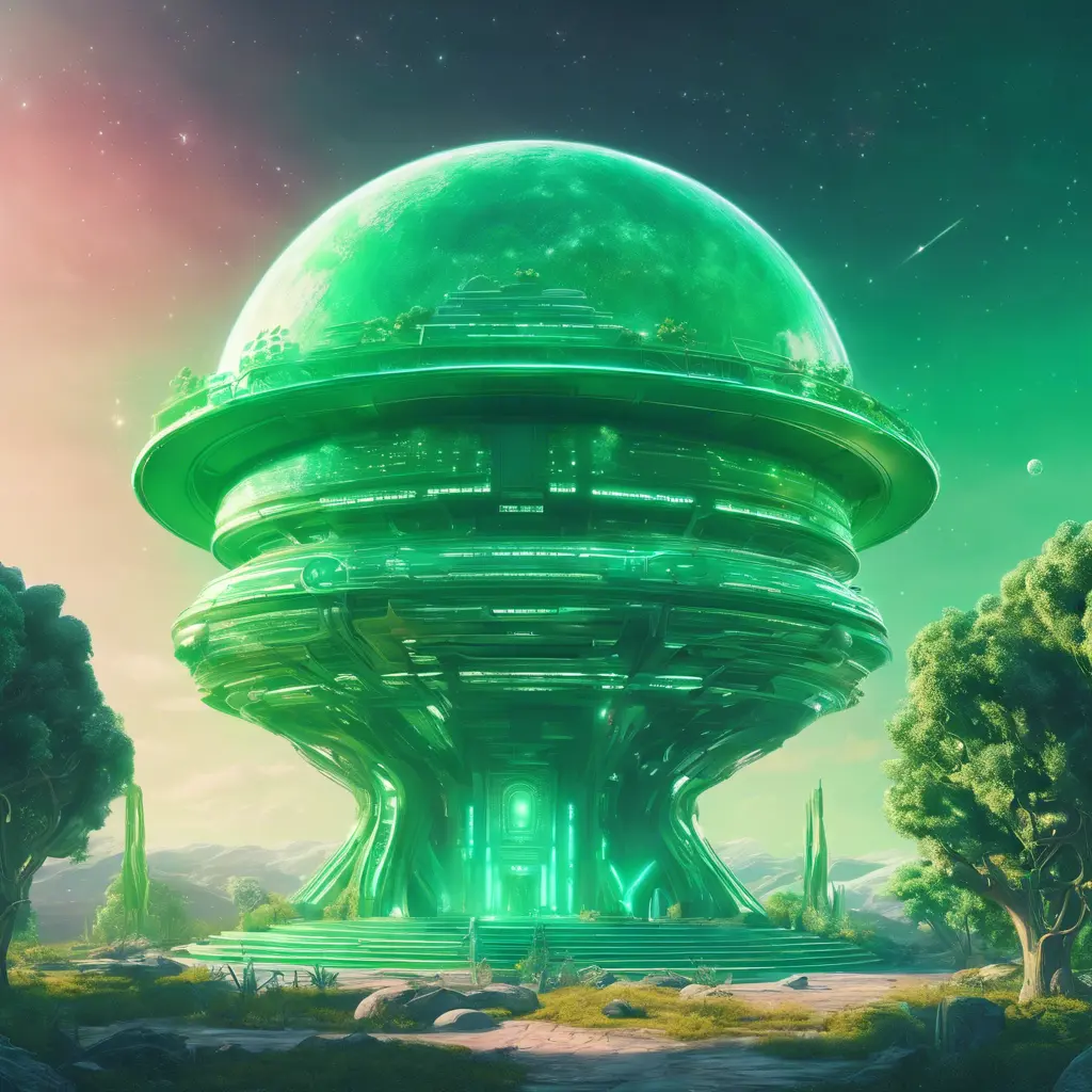 Cosmic round beautiful green temple in the center of a futuristic community. Extraterrestrial landscape. Planet sirius. The moon and stars can be seen in the sky even during the day., Sci-Fi, Volumetric Lighting, Vibrant Colors by Beeple