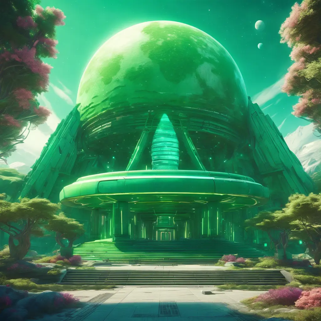 Cosmic round beautiful green temple in the center of a futuristic community. Extraterrestrial landscape. Planet sirius. The moon and stars can be seen in the sky even during the day., Sci-Fi, Volumetric Lighting, Vibrant Colors by Beeple