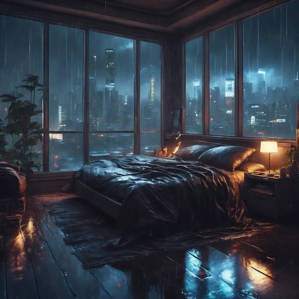 Beautiful cozy bedroom with floor to ceiling glass windows overlooking a cyberpunk city at night, thunderstorm outside with torrential rain, High Resolution, Highly Detailed, Darkwave, Gloomy by Greg Rutkowski