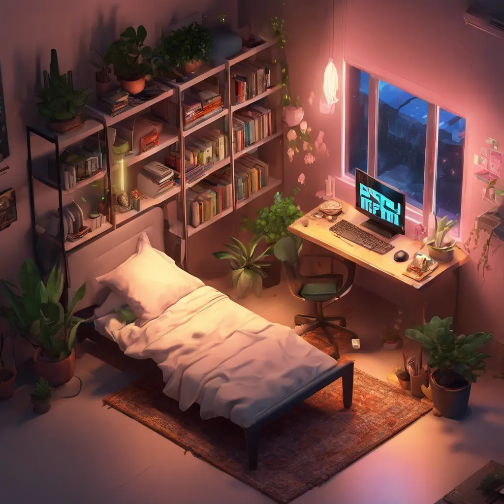 Nostalgic bedroom with a gaming pc, windows, plants bookshelves, desk, 3d art, muted colors, perfect lighting, night time, Highly Detailed, Behance, Isometric, 3D Rendering, Concept Art by Stanley Artgerm Lau