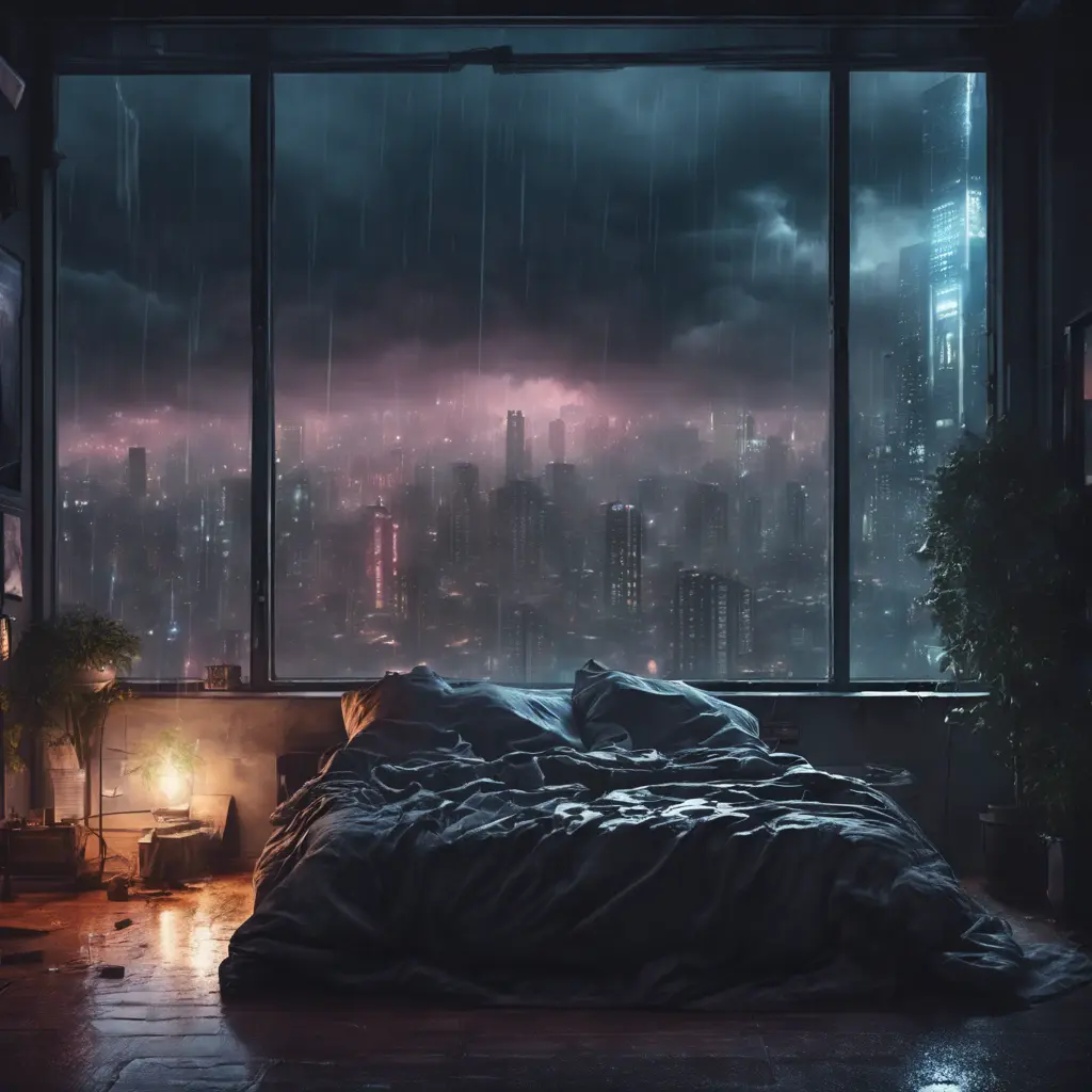 Beautiful cozy bedroom with floor to ceiling glass windows overlooking a cyberpunk city at night, thunderstorm outside with torrential rain, High Resolution, Highly Detailed, Darkwave, Gloomy