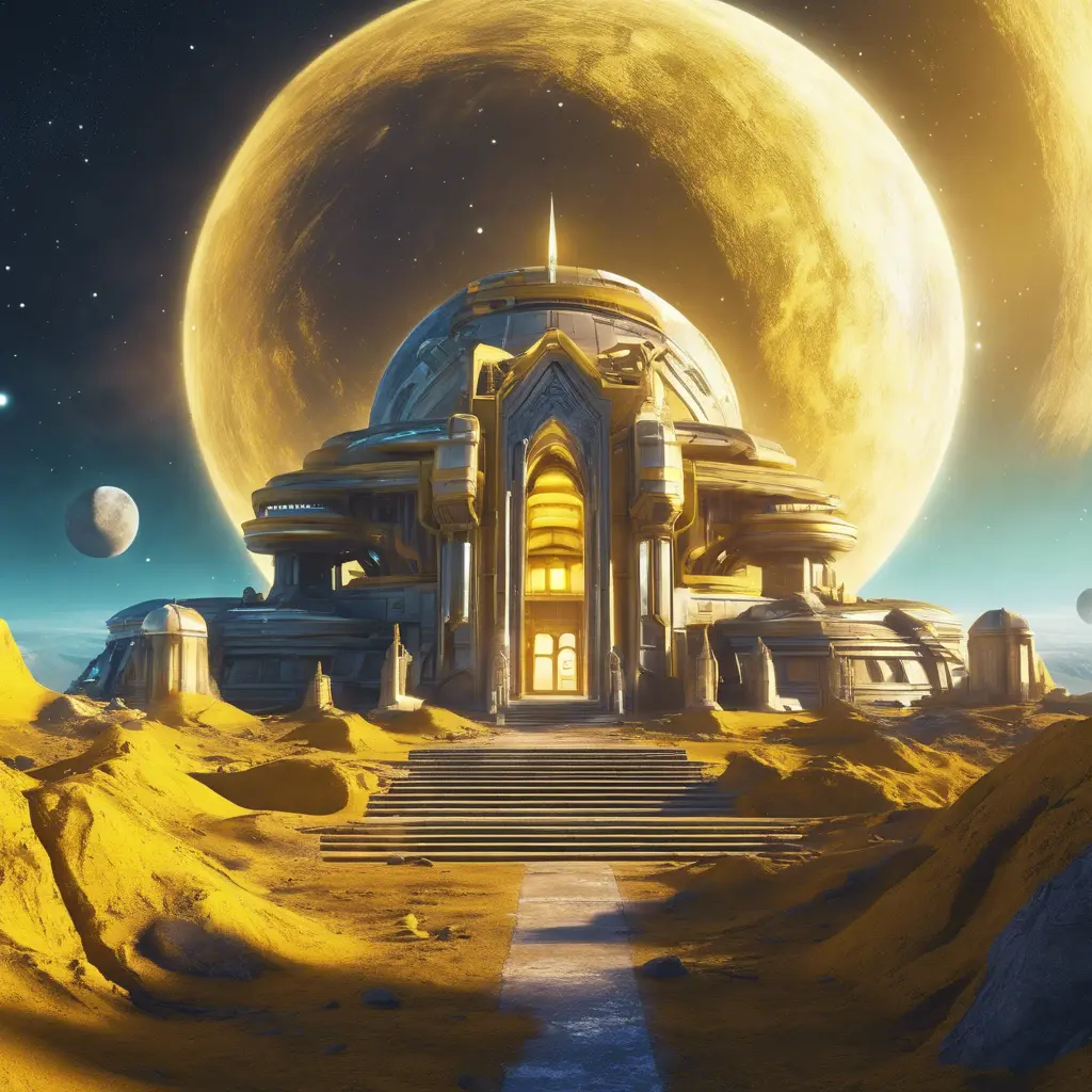 Cosmic round beautiful yellow temple in the center of a futuristic community. Extraterrestrial landscape. Planet sirius. The moon and stars can be seen in the sky even during the day., Sci-Fi, Volumetric Lighting, Vibrant Colors by WLOP