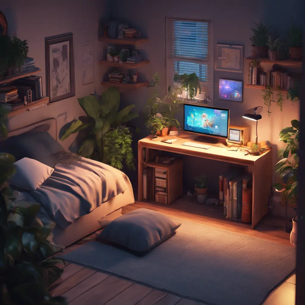 Nostalgic bedroom with a gaming pc, windows, plants bookshelves, desk, 3d art, muted colors, perfect lighting, night time, Highly Detailed, Behance, Isometric, 3D Rendering, Concept Art by Greg Rutkowski