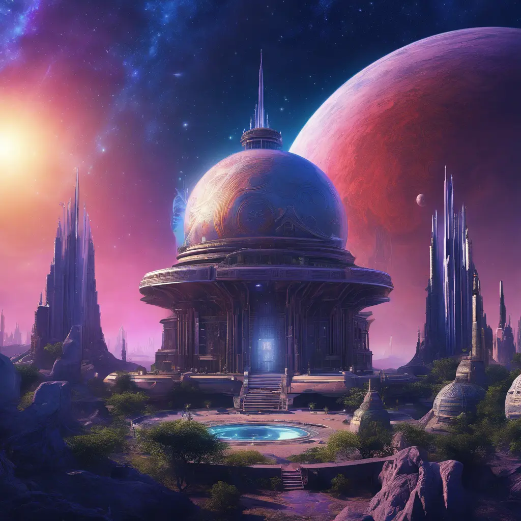 Cosmic round beautiful indigo temple in the center of a futuristic community. Extraterrestrial landscape. Planet sirius. The moon and stars can be seen in the sky even during the day., Sci-Fi, Volumetric Lighting, Vibrant Colors by Greg Rutkowski