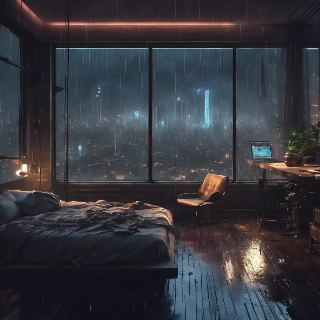 Beautiful cozy bedroom with floor to ceiling glass windows overlooking a cyberpunk city at night, thunderstorm outside with torrential rain, High Resolution, Highly Detailed, Darkwave, Gloomy by WLOP