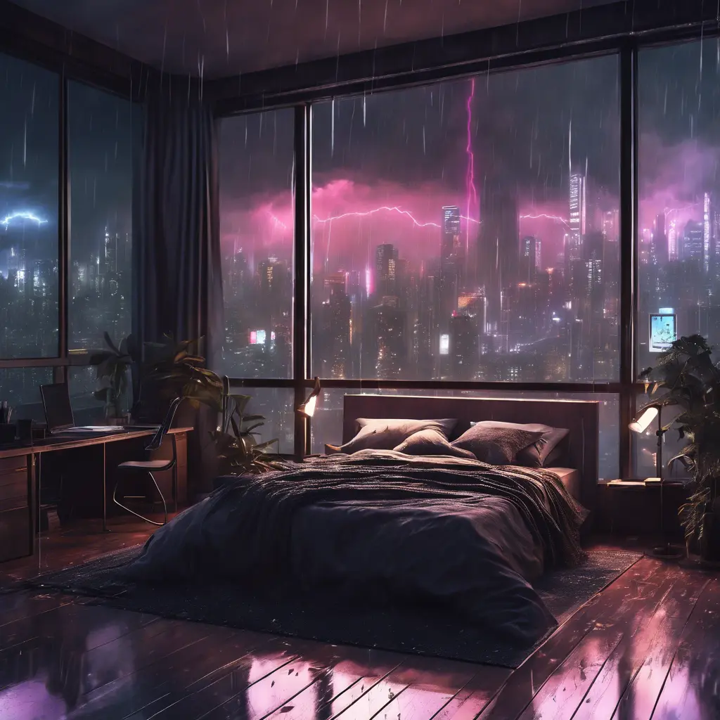 Beautiful cozy bedroom with floor to ceiling glass windows overlooking a cyberpunk city at night, thunderstorm outside with torrential rain, High Resolution, Highly Detailed, Darkwave, Gloomy by WLOP