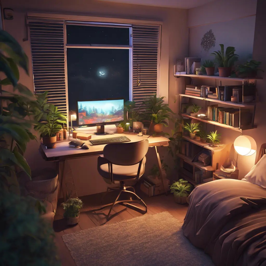 Nostalgic bedroom with a gaming pc, windows, plants bookshelves, desk, 3d art, muted colors, perfect lighting, night time, Highly Detailed, Behance, Isometric, 3D Rendering, Concept Art