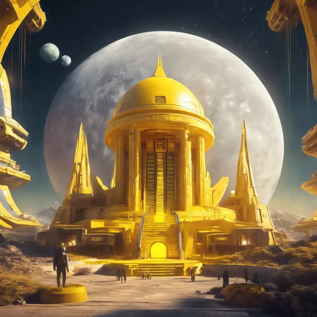 Cosmic round beautiful yellow temple in the center of a futuristic community. Extraterrestrial landscape. Planet sirius. The moon and stars can be seen in the sky even during the day., Sci-Fi, Volumetric Lighting, Vibrant Colors by WLOP