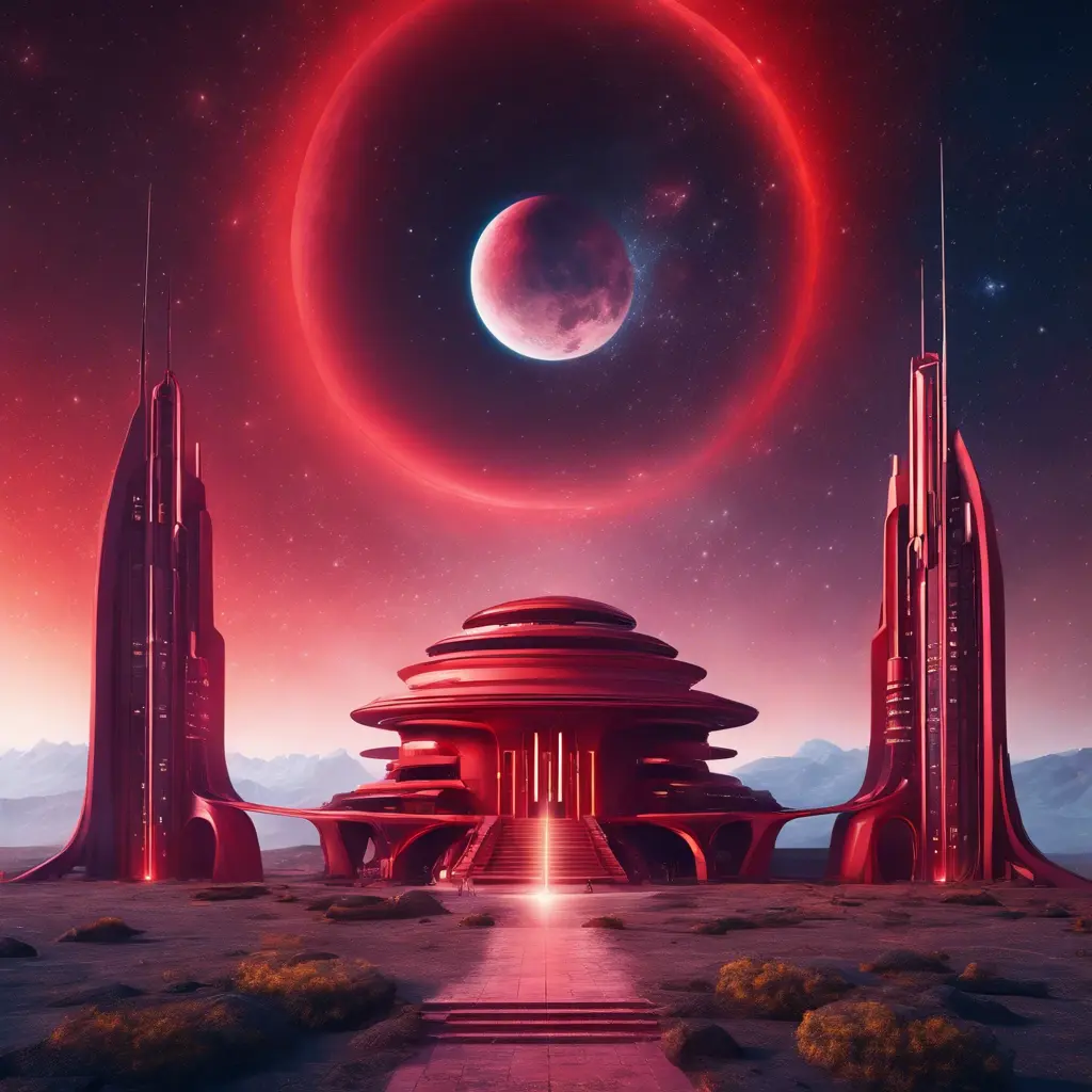 Cosmic round beautiful red temple in the center of a futuristic community. Extraterrestrial landscape. Planet sirius. The moon and stars can be seen in the sky even during the day., Sci-Fi, Volumetric Lighting, Vibrant Colors by Stefan Kostic