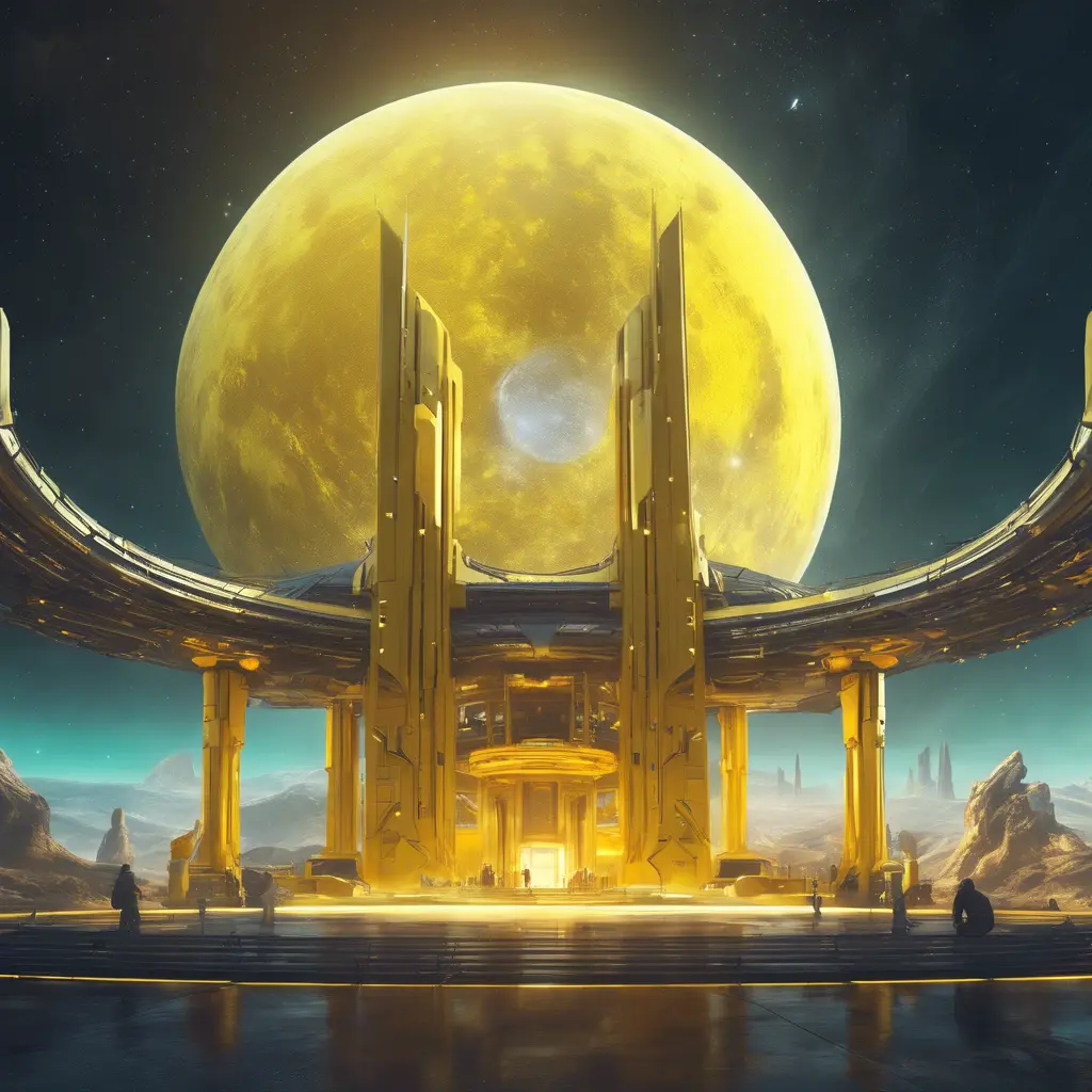 Cosmic round beautiful yellow temple in the center of a futuristic community. Extraterrestrial landscape. Planet sirius. The moon and stars can be seen in the sky even during the day., Sci-Fi, Volumetric Lighting, Vibrant Colors by WLOP