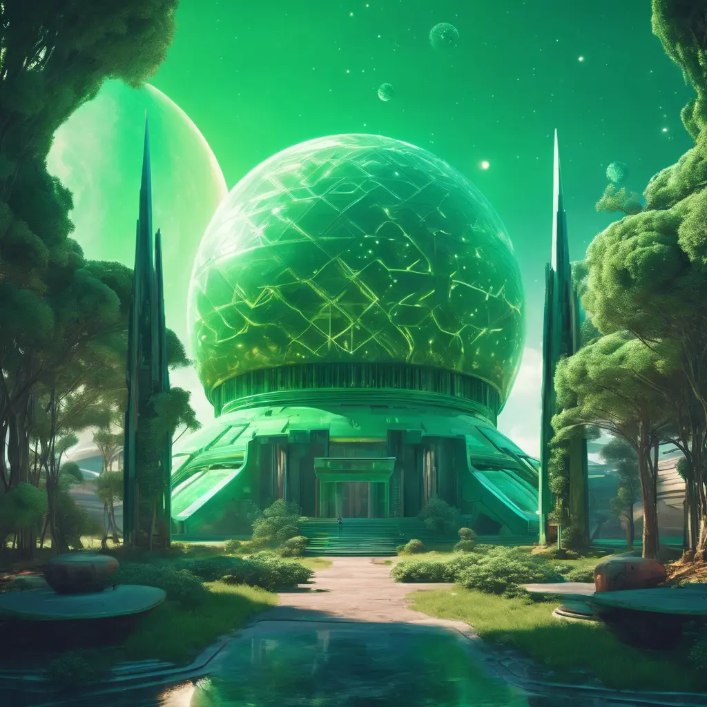 Cosmic round beautiful green temple in the center of a futuristic community. Extraterrestrial landscape. Planet sirius. The moon and stars can be seen in the sky even during the day., Sci-Fi, Volumetric Lighting, Vibrant Colors by Beeple