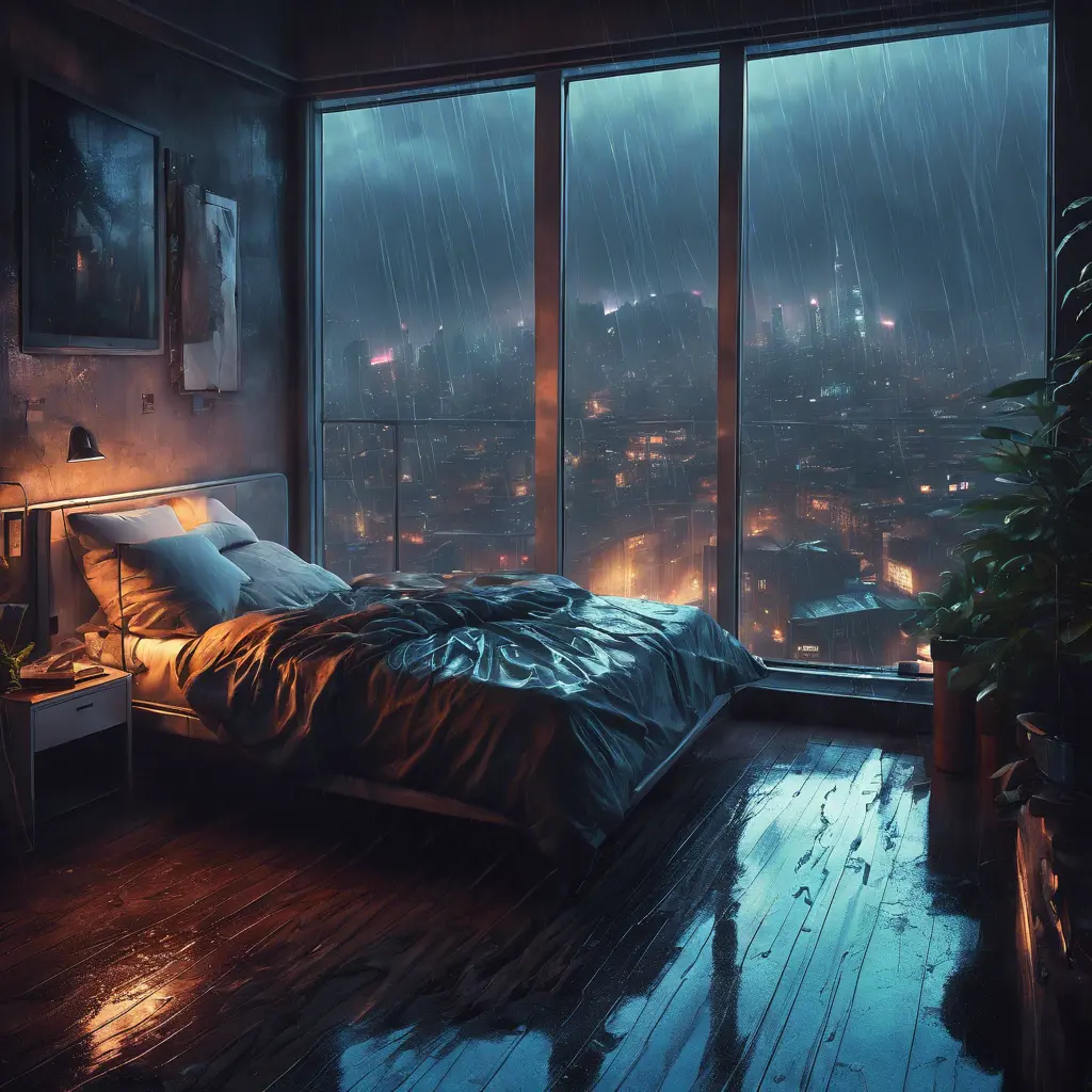 Beautiful cozy bedroom with floor to ceiling glass windows overlooking a cyberpunk city at night, thunderstorm outside with torrential rain, High Resolution, Highly Detailed, Darkwave, Gloomy by Stefan Kostic