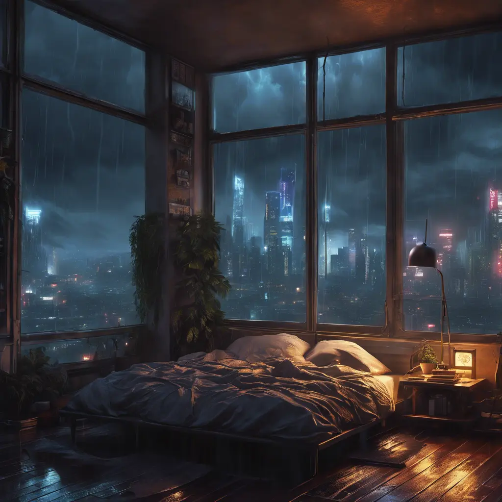 Beautiful cozy bedroom with floor to ceiling glass windows overlooking a cyberpunk city at night, thunderstorm outside with torrential rain, High Resolution, Highly Detailed, Darkwave, Gloomy by Greg Rutkowski