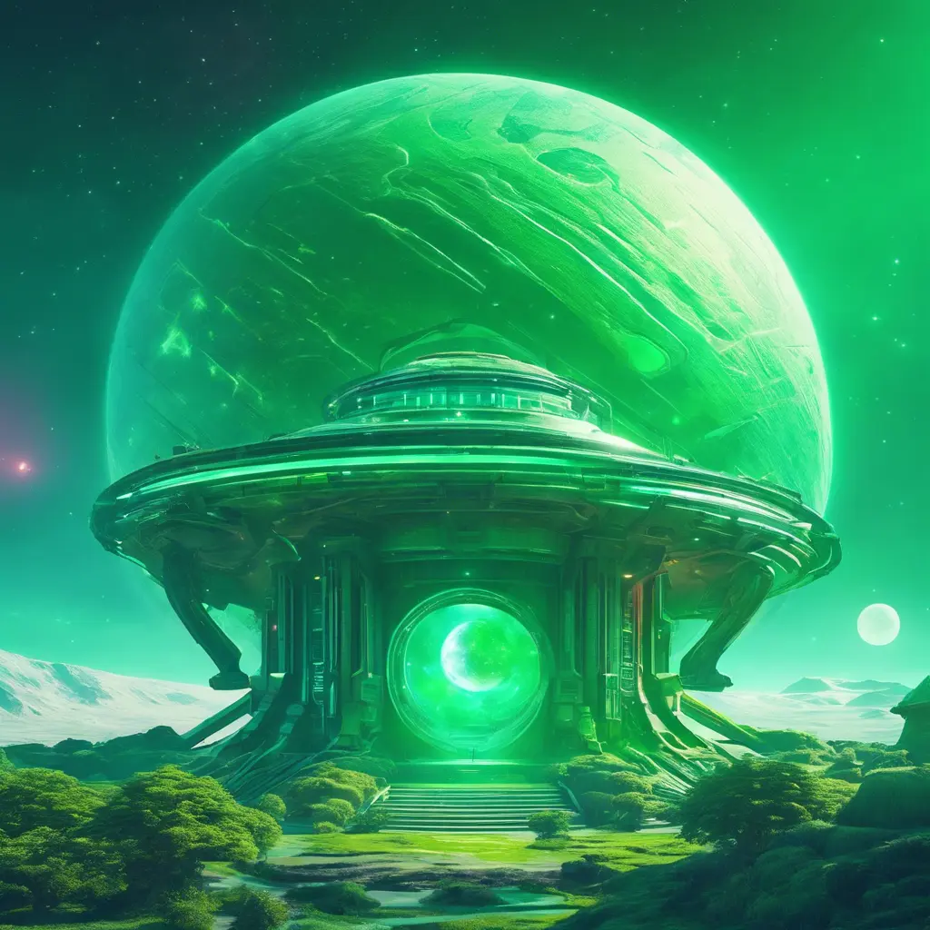 Cosmic round beautiful green temple in the center of a futuristic community. Extraterrestrial landscape. Planet sirius. The moon and stars can be seen in the sky even during the day., Sci-Fi, Volumetric Lighting, Vibrant Colors by Beeple