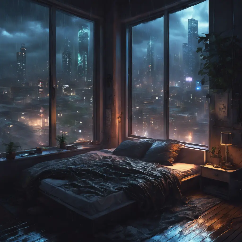 Beautiful cozy bedroom with floor to ceiling glass windows overlooking a cyberpunk city at night, thunderstorm outside with torrential rain, High Resolution, Highly Detailed, Darkwave, Gloomy by Greg Rutkowski