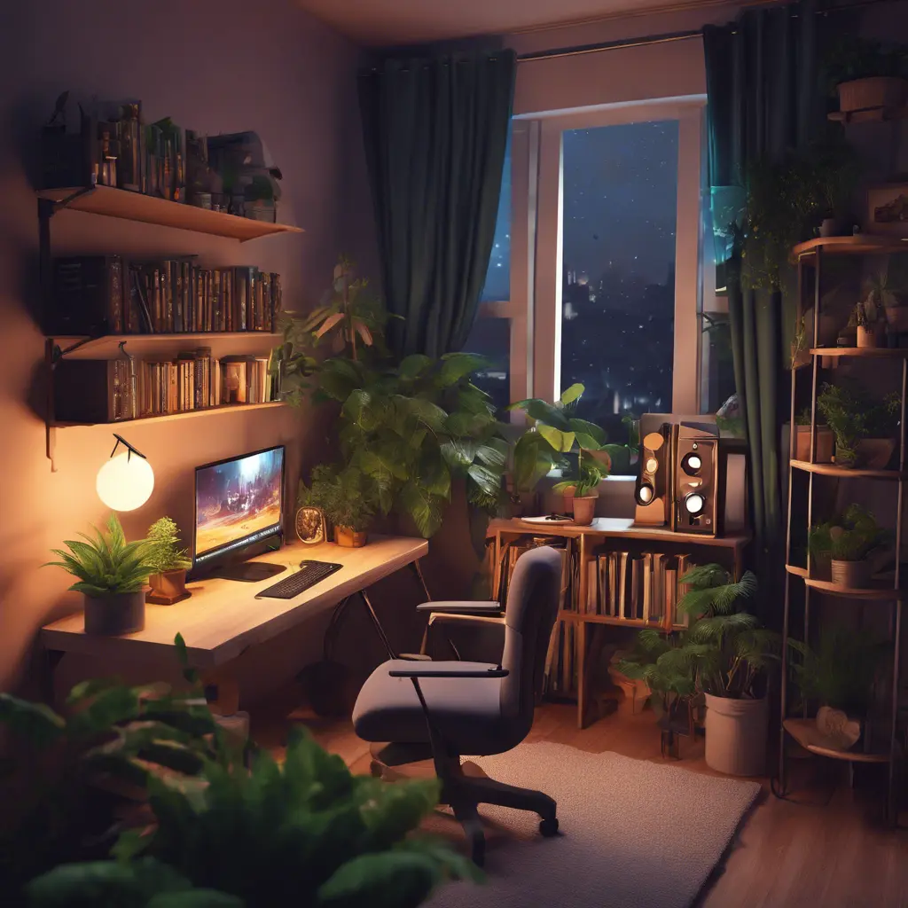 Nostalgic bedroom with a gaming pc, windows, plants bookshelves, desk, 3d art, muted colors, perfect lighting, night time, Highly Detailed, Behance, Isometric, 3D Rendering, Concept Art by Stefan Kostic