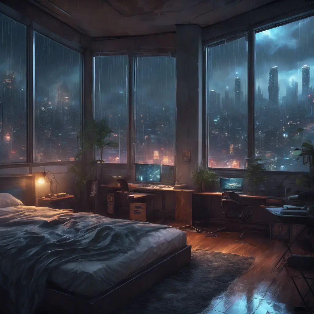 Beautiful cozy bedroom with floor to ceiling glass windows overlooking a cyberpunk city at night, thunderstorm outside with torrential rain, High Resolution, Highly Detailed, Darkwave, Gloomy by Stanley Artgerm Lau