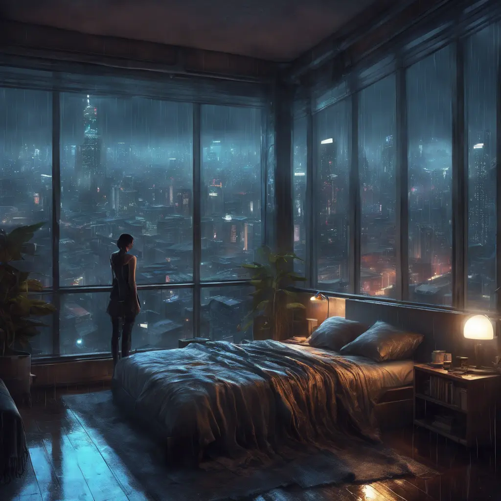 Beautiful cozy bedroom with floor to ceiling glass windows overlooking a cyberpunk city at night, thunderstorm outside with torrential rain, High Resolution, Highly Detailed, Darkwave, Gloomy by Stanley Artgerm Lau