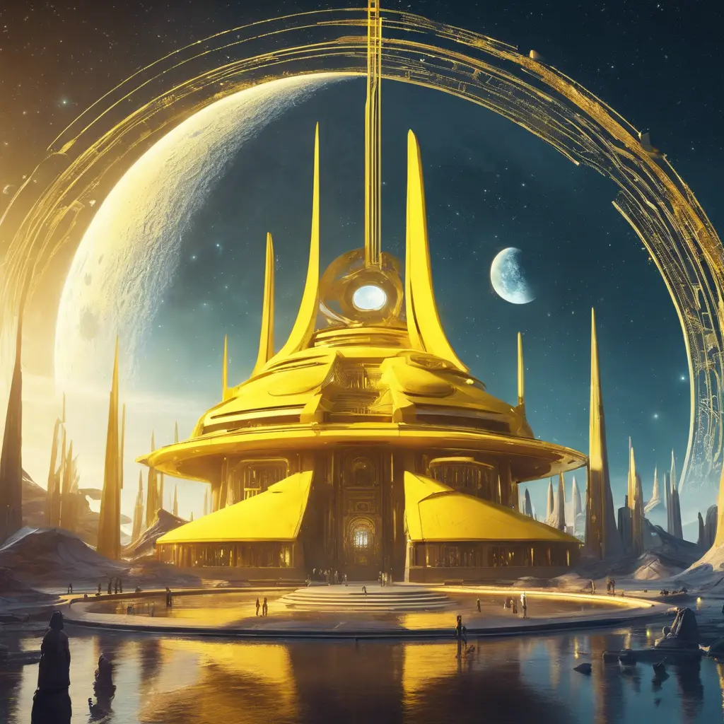 Cosmic round beautiful yellow temple in the center of a futuristic community. Extraterrestrial landscape. Planet sirius. The moon and stars can be seen in the sky even during the day., Sci-Fi, Volumetric Lighting, Vibrant Colors by WLOP