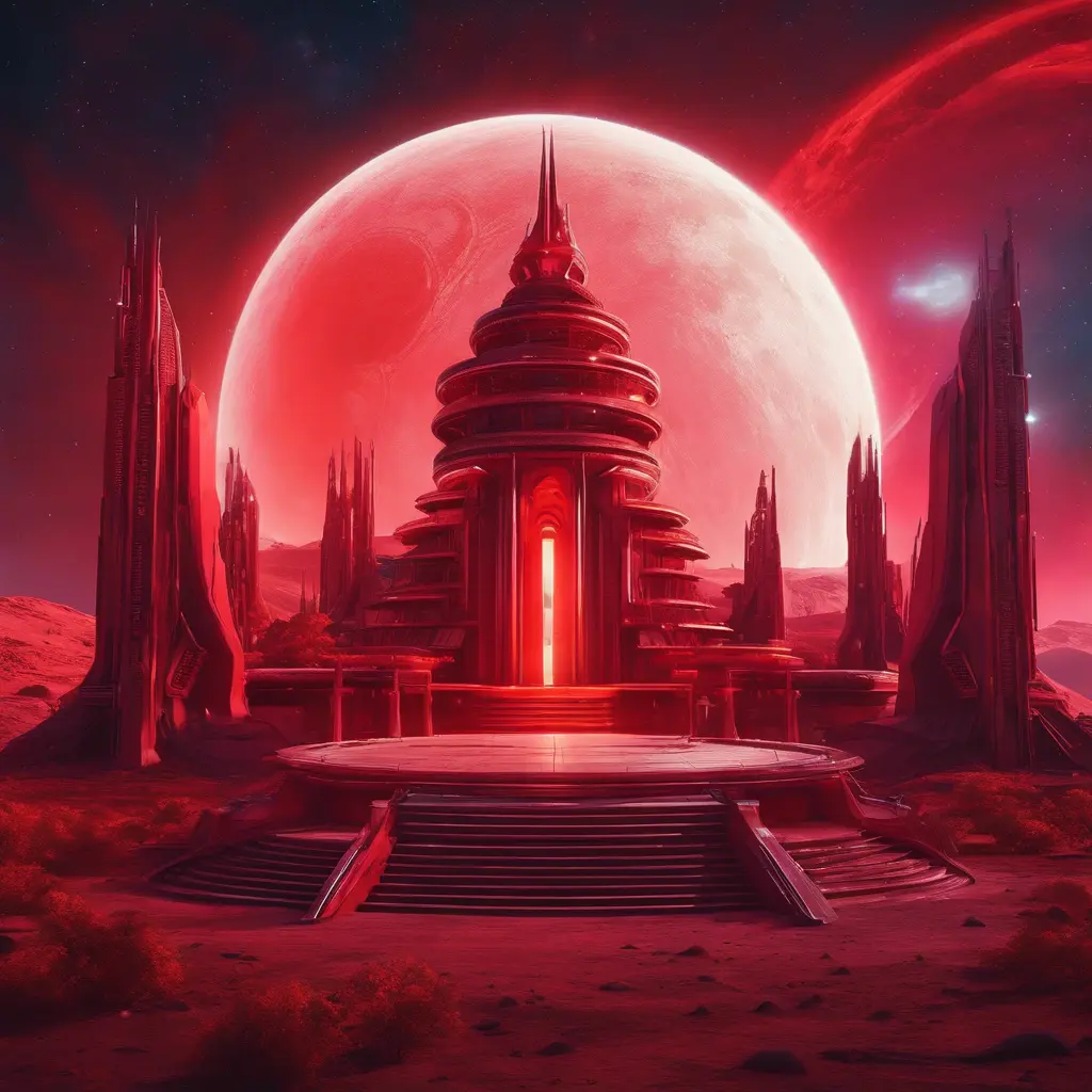 Cosmic round beautiful red temple in the center of a futuristic community. Extraterrestrial landscape. Planet sirius. The moon and stars can be seen in the sky even during the day., Sci-Fi, Volumetric Lighting, Vibrant Colors by Stefan Kostic