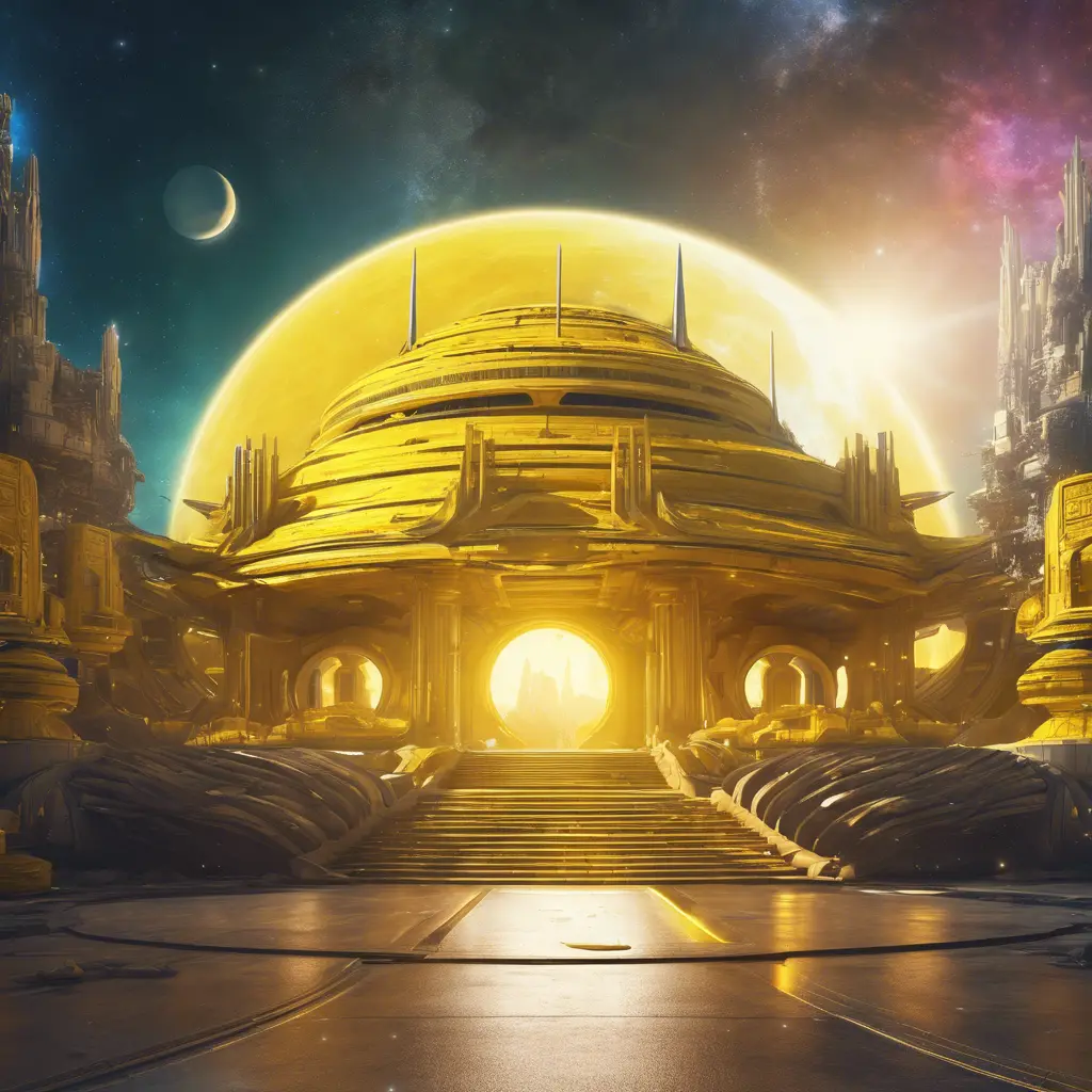 Cosmic round beautiful yellow temple in the center of a futuristic community. Extraterrestrial landscape. Planet sirius. The moon and stars can be seen in the sky even during the day., Sci-Fi, Volumetric Lighting, Vibrant Colors by WLOP