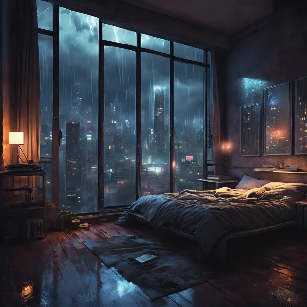 Beautiful cozy bedroom with floor to ceiling glass windows overlooking a cyberpunk city at night, thunderstorm outside with torrential rain, High Resolution, Highly Detailed, Darkwave, Gloomy by Greg Rutkowski