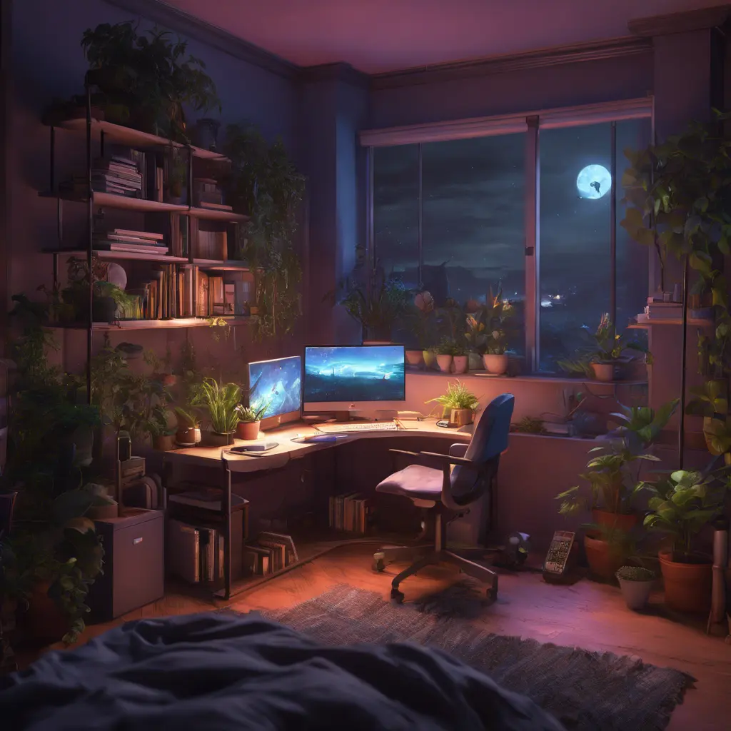 Nostalgic bedroom with a gaming pc, windows, plants bookshelves, desk, 3d art, muted colors, perfect lighting, night time, Highly Detailed, Behance, Isometric, 3D Rendering, Concept Art by Greg Rutkowski