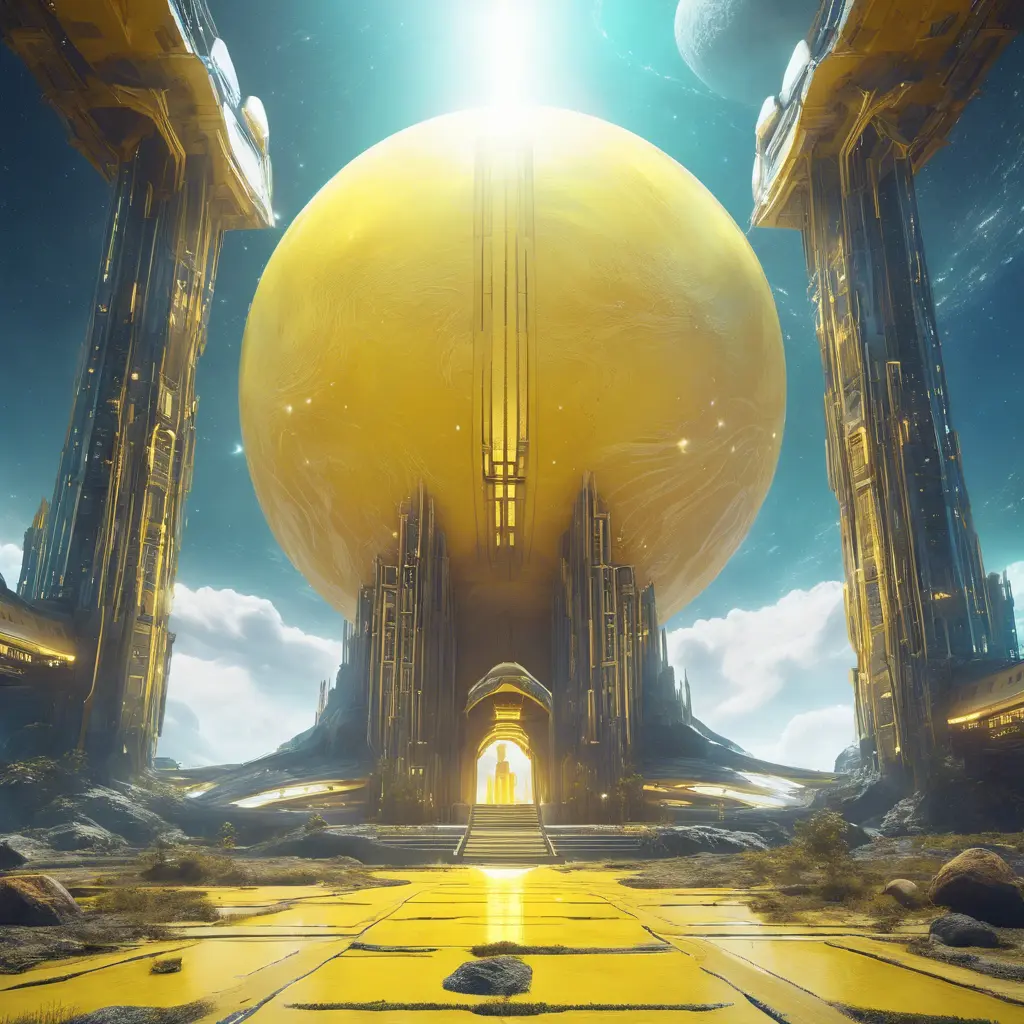 Cosmic round beautiful yellow temple in the center of a futuristic community. Extraterrestrial landscape. Planet sirius. The moon and stars can be seen in the sky even during the day., Sci-Fi, Volumetric Lighting, Vibrant Colors by WLOP