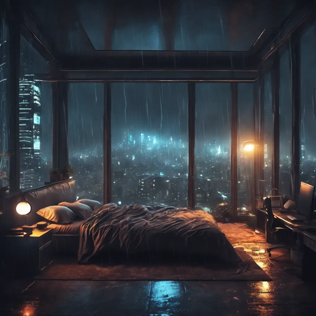 Beautiful cozy bedroom with floor to ceiling glass windows overlooking a cyberpunk city at night, thunderstorm outside with torrential rain, High Resolution, Highly Detailed, Darkwave, Gloomy