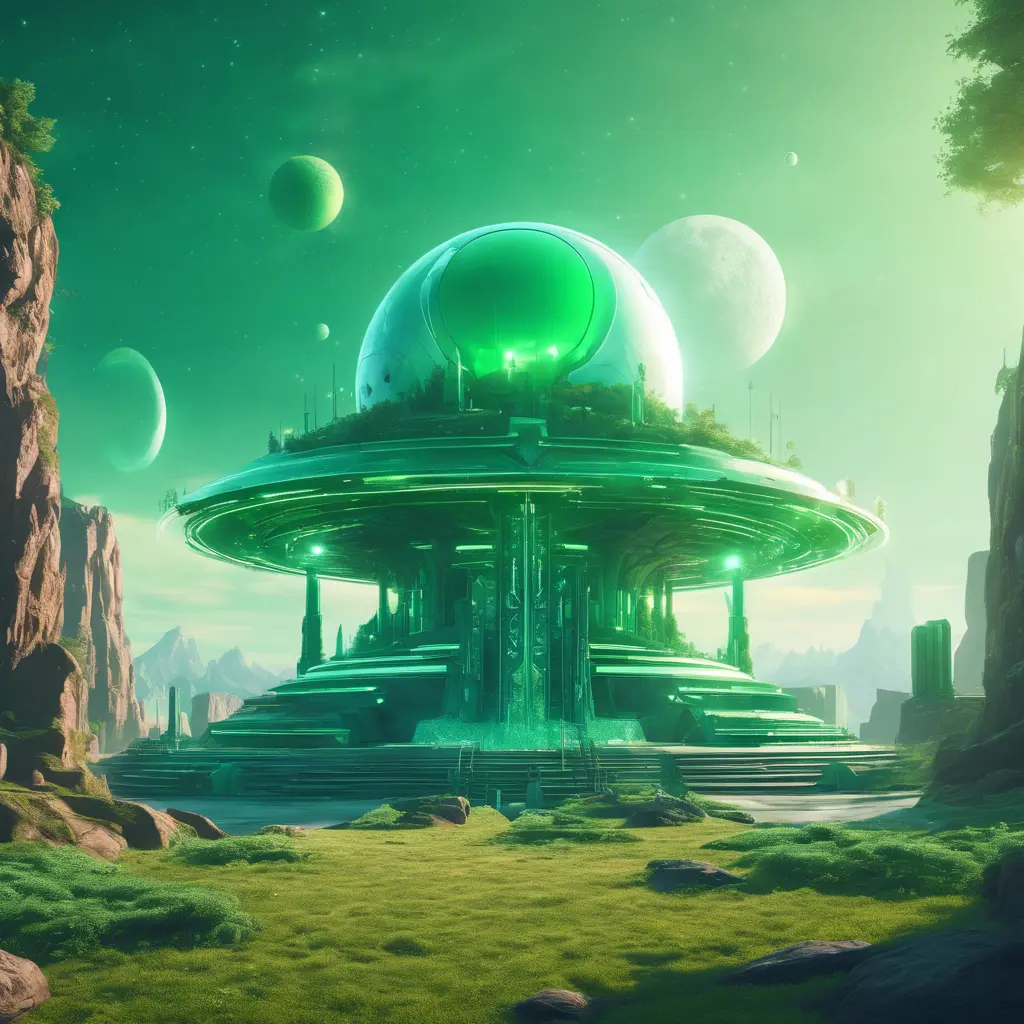 Cosmic round beautiful green temple in the center of a futuristic community. Extraterrestrial landscape. Planet sirius. The moon and stars can be seen in the sky even during the day., Sci-Fi, Volumetric Lighting, Vibrant Colors by Beeple