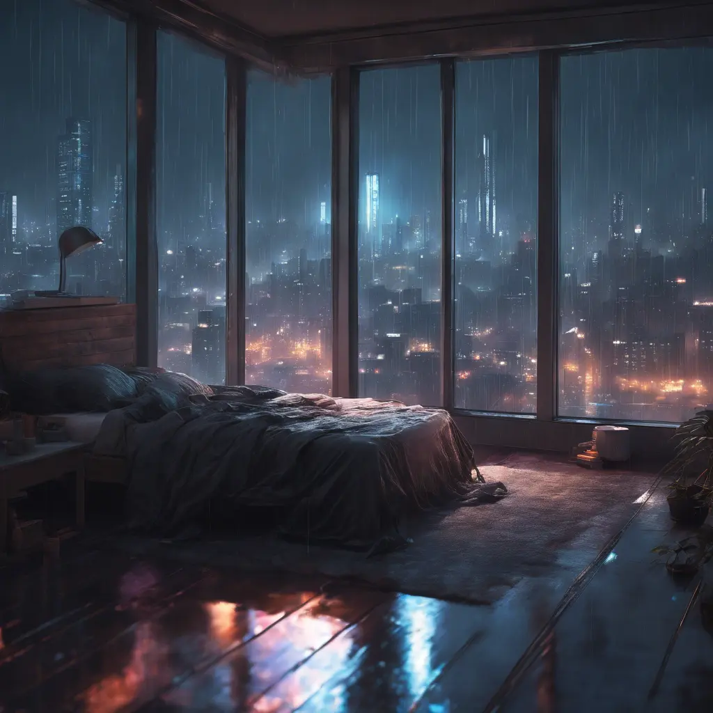 Beautiful cozy bedroom with floor to ceiling glass windows overlooking a cyberpunk city at night, thunderstorm outside with torrential rain, High Resolution, Highly Detailed, Darkwave, Gloomy by WLOP