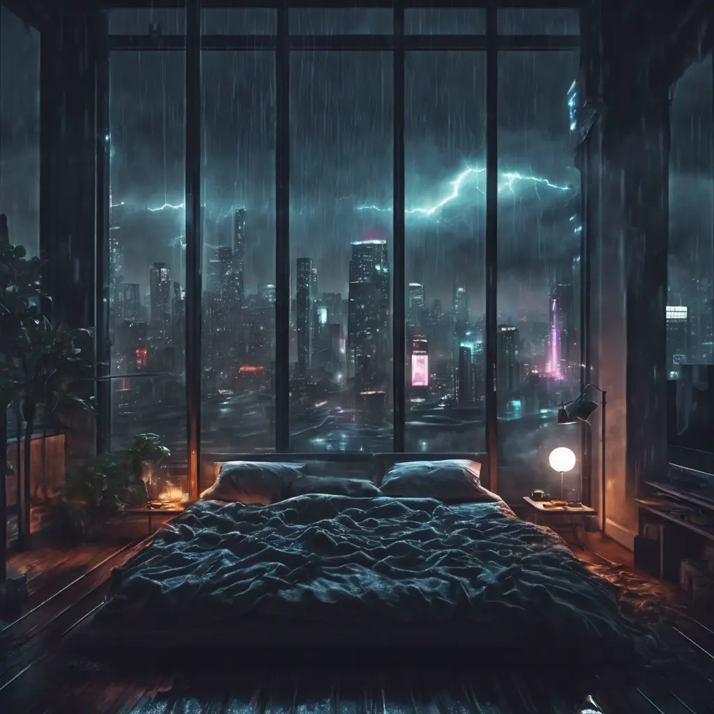 Beautiful cozy bedroom with floor to ceiling glass windows overlooking a cyberpunk city at night, thunderstorm outside with torrential rain, High Resolution, Highly Detailed, Darkwave, Gloomy