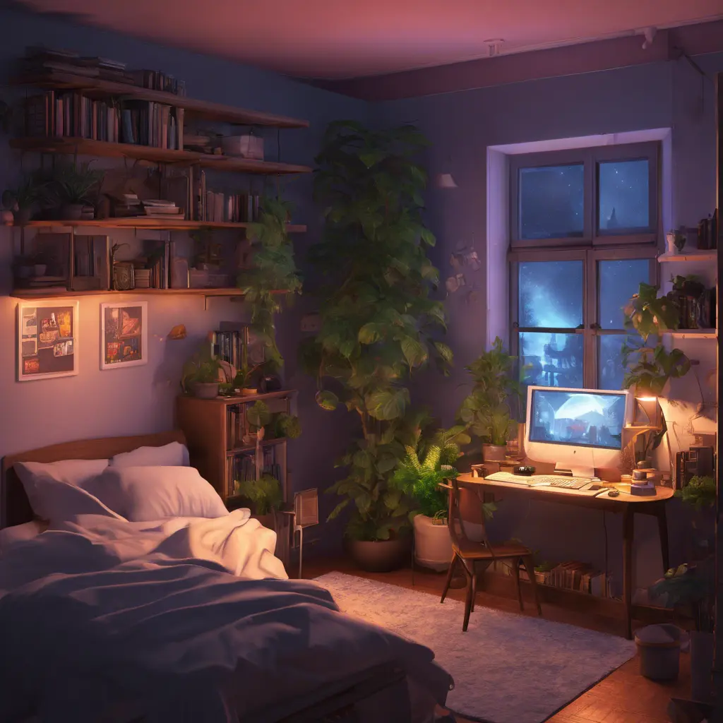 Nostalgic bedroom with a gaming pc, windows, plants bookshelves, desk, 3d art, muted colors, perfect lighting, night time, Highly Detailed, Behance, Isometric, 3D Rendering, Concept Art by Greg Rutkowski