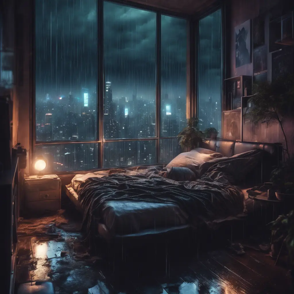 Beautiful cozy bedroom with floor to ceiling glass windows overlooking a cyberpunk city at night, thunderstorm outside with torrential rain, High Resolution, Highly Detailed, Darkwave, Gloomy