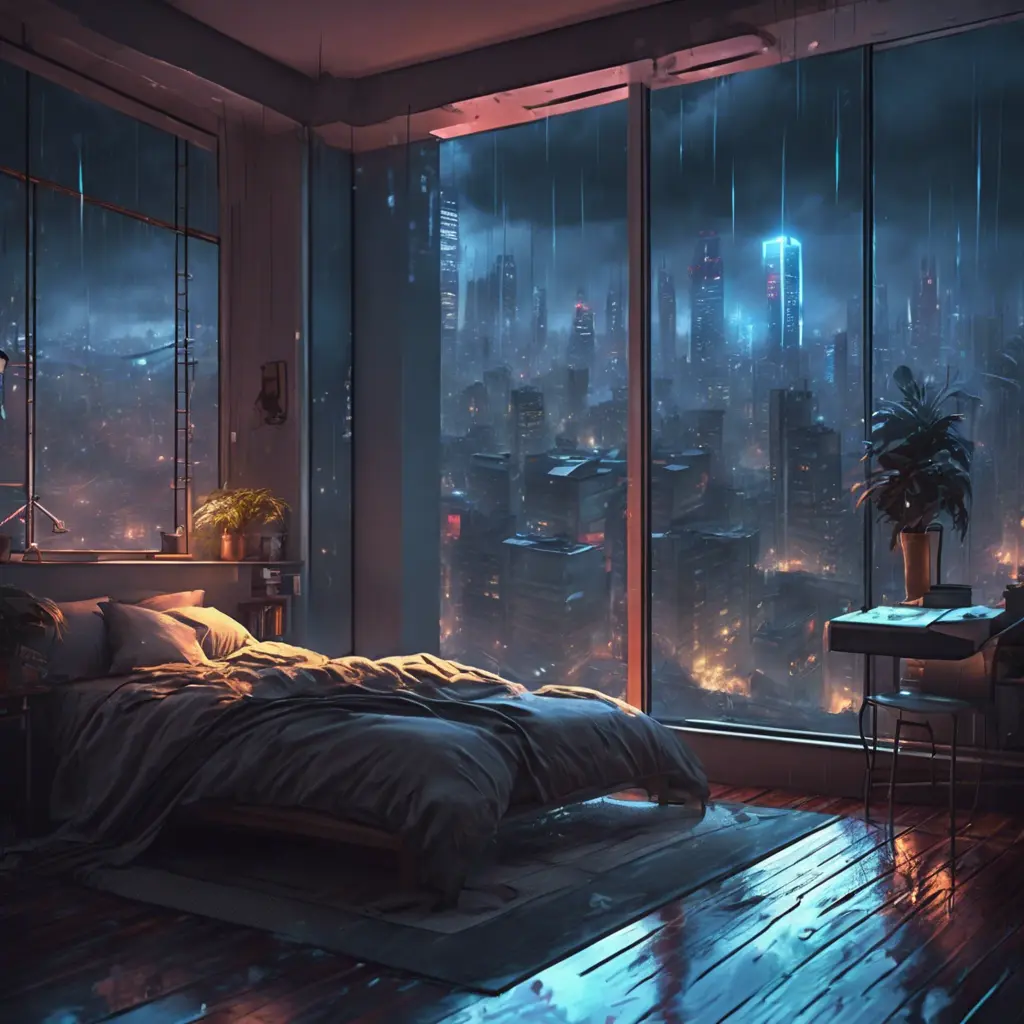 Beautiful cozy bedroom with floor to ceiling glass windows overlooking a cyberpunk city at night, thunderstorm outside with torrential rain, High Resolution, Highly Detailed, Darkwave, Gloomy by WLOP