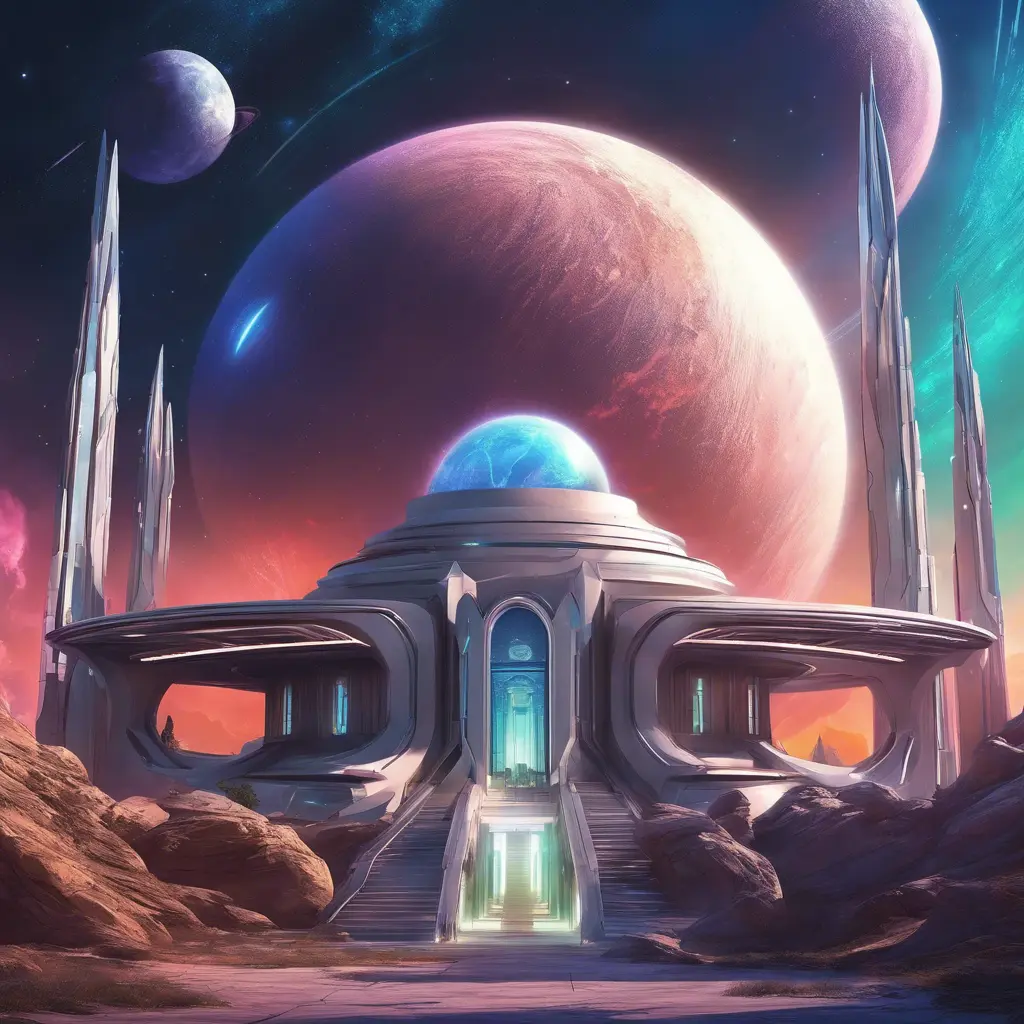 Cosmic round beautiful temple in the center of a futuristic community. Extraterrestrial landscape. Planet sirius. The moon and stars can be seen in the sky even during the day., Sci-Fi, Volumetric Lighting, Vibrant Colors by Stanley Artgerm Lau