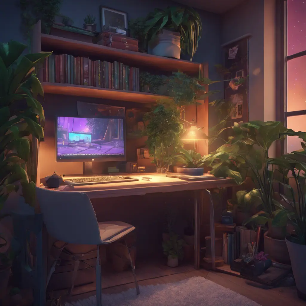 Nostalgic bedroom with a gaming pc, windows, plants bookshelves, desk, 3d art, muted colors, perfect lighting, night time, Highly Detailed, Behance, Isometric, 3D Rendering, Concept Art by Greg Rutkowski