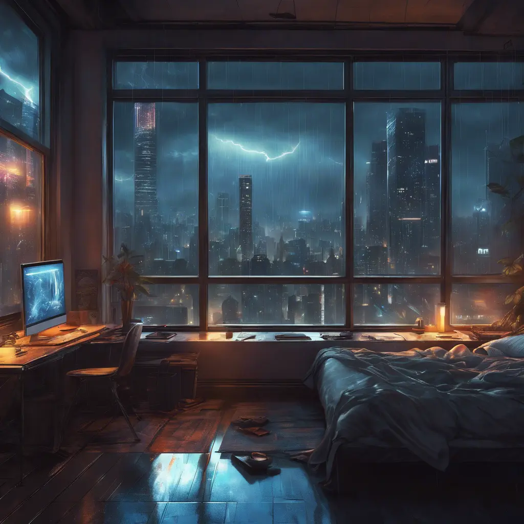 Beautiful cozy bedroom with floor to ceiling glass windows overlooking a cyberpunk city at night, thunderstorm outside with torrential rain, High Resolution, Highly Detailed, Darkwave, Gloomy by Stanley Artgerm Lau