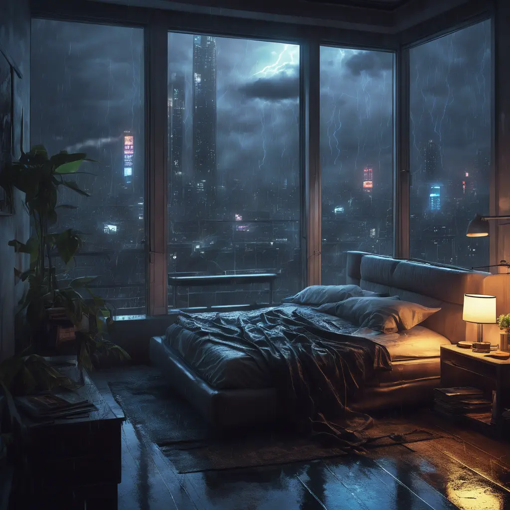 Beautiful cozy bedroom with floor to ceiling glass windows overlooking a cyberpunk city at night, thunderstorm outside with torrential rain, High Resolution, Highly Detailed, Darkwave, Gloomy by Greg Rutkowski