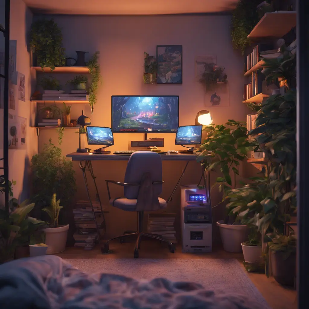 Nostalgic bedroom with a gaming pc, windows, plants bookshelves, desk, 3d art, muted colors, perfect lighting, night time, Highly Detailed, Behance, Isometric, 3D Rendering, Concept Art