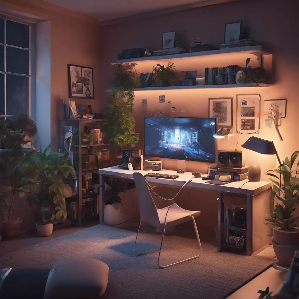 Nostalgic bedroom with a gaming pc, windows, plants bookshelves, desk, 3d art, muted colors, perfect lighting, night time, Highly Detailed, Behance, Isometric, 3D Rendering, Concept Art by WLOP