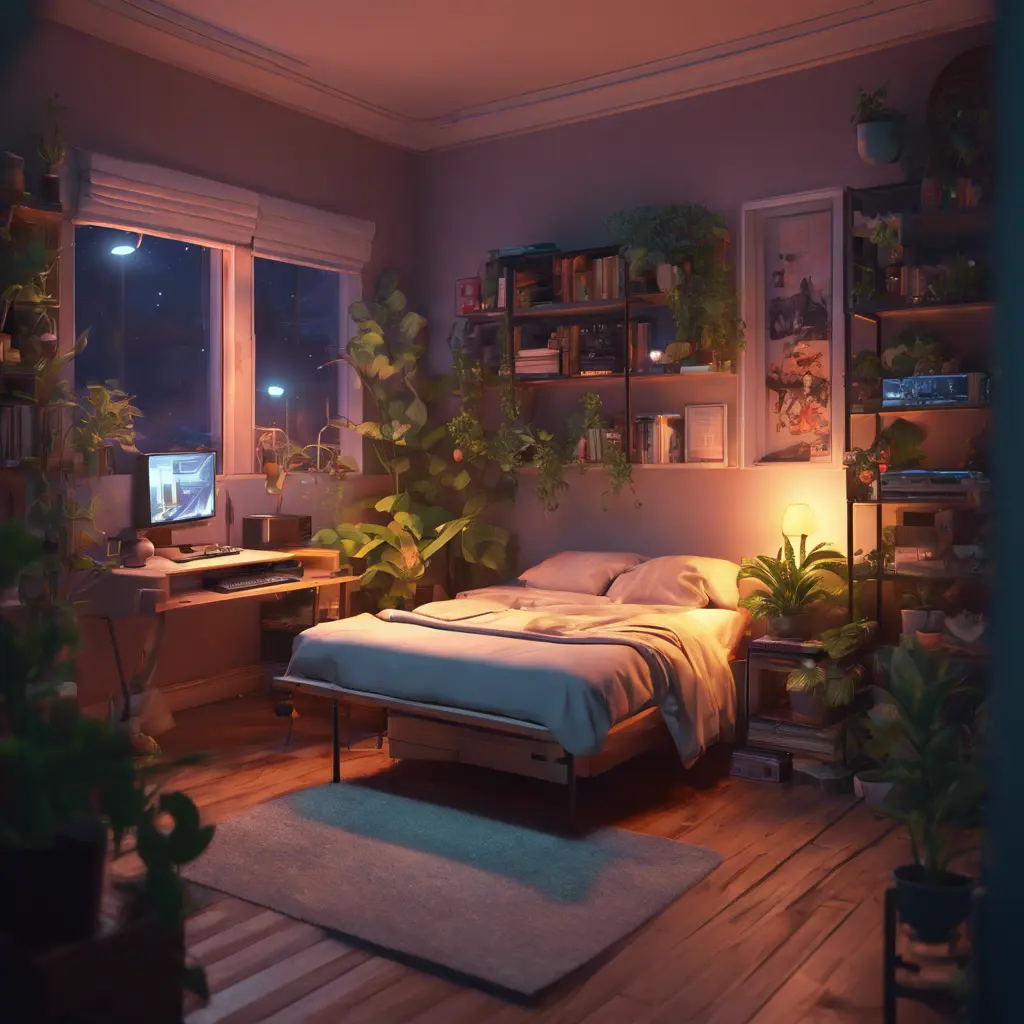 Nostalgic bedroom with a gaming pc, windows, plants bookshelves, desk, 3d art, muted colors, perfect lighting, night time, Highly Detailed, Behance, Isometric, 3D Rendering, Concept Art by Greg Rutkowski