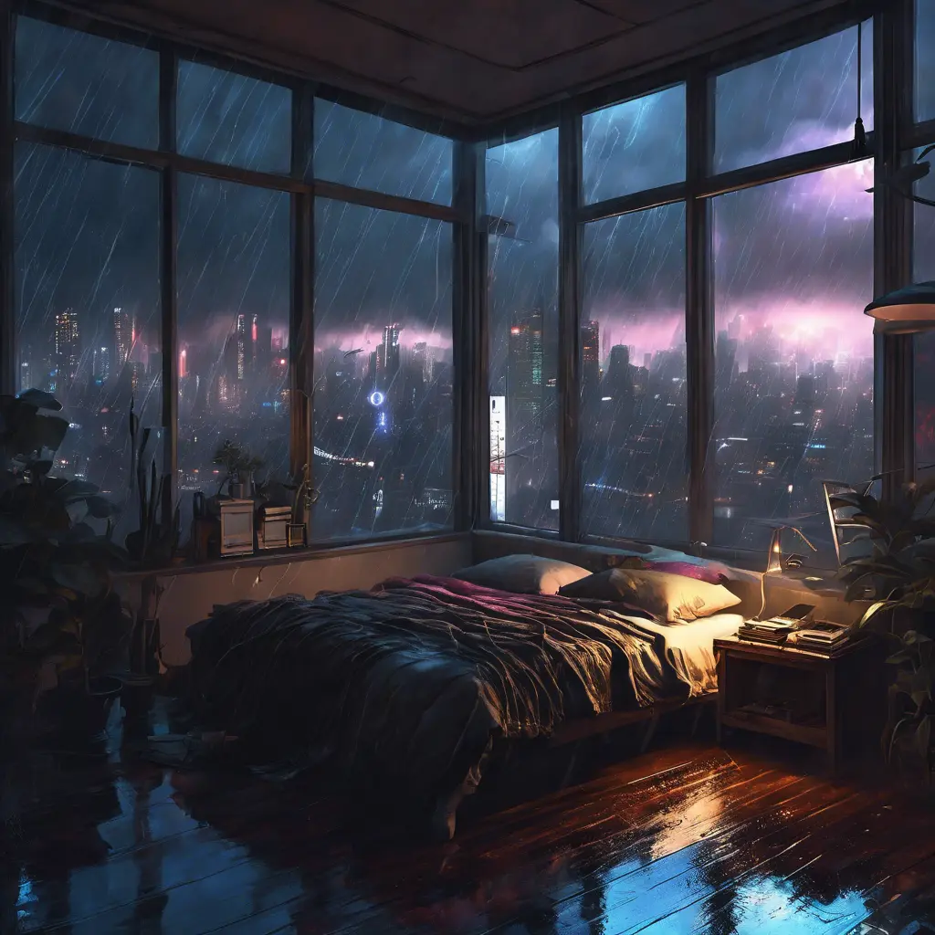 Beautiful cozy bedroom with floor to ceiling glass windows overlooking a cyberpunk city at night, thunderstorm outside with torrential rain, High Resolution, Highly Detailed, Darkwave, Gloomy by Greg Rutkowski