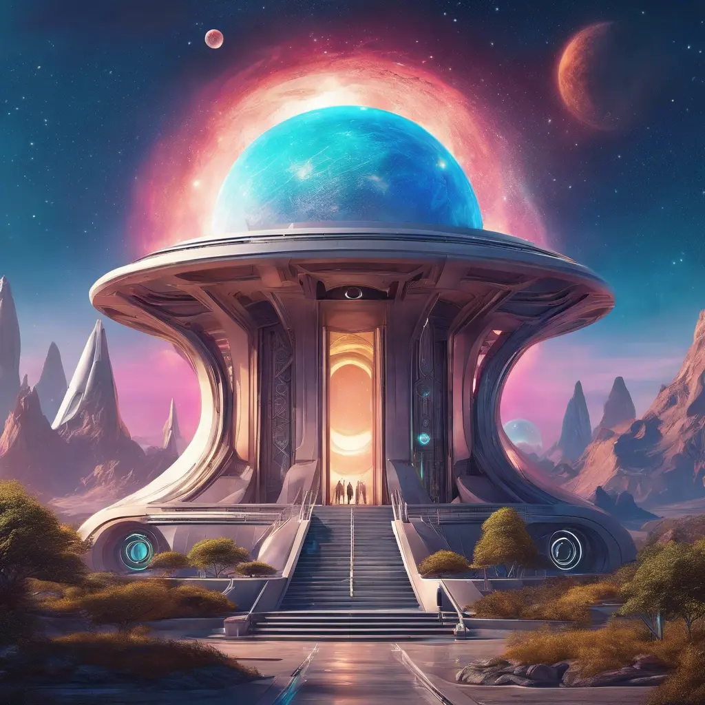 Cosmic round beautiful temple in the center of a futuristic community. Extraterrestrial landscape. Planet sirius. The moon and stars can be seen in the sky even during the day., Sci-Fi, Volumetric Lighting, Vibrant Colors by Stanley Artgerm Lau