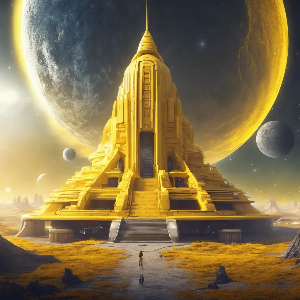 Cosmic round beautiful yellow temple in the center of a futuristic community. Extraterrestrial landscape. Planet sirius. The moon and stars can be seen in the sky even during the day., Sci-Fi, Volumetric Lighting, Vibrant Colors by WLOP